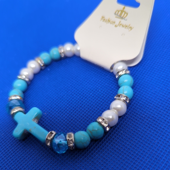 Natural Turquoise Beads 8mm Beaded Stretch Bracelet With Cross Approx 6.5-7" - Picture 5 of 5